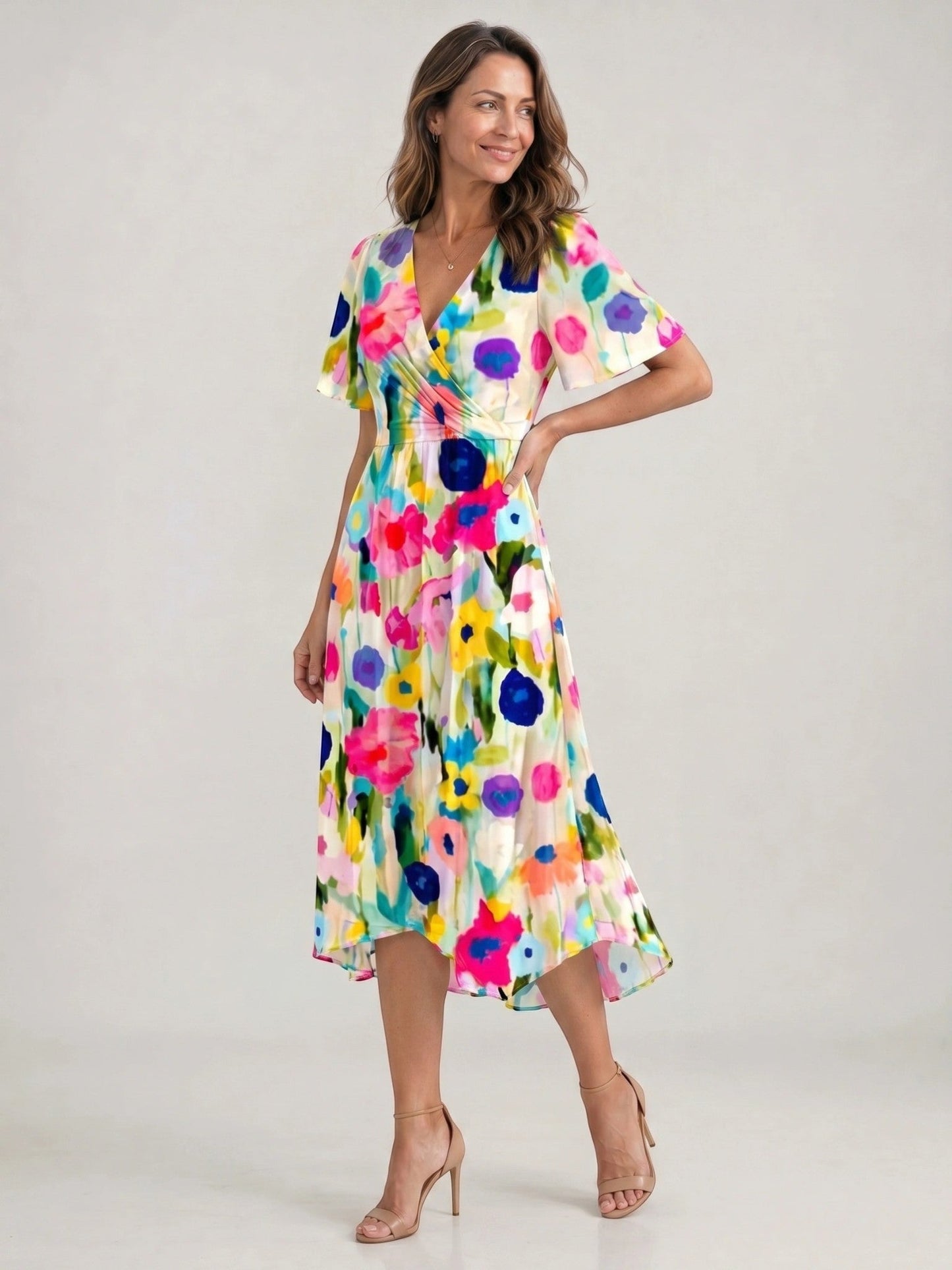 Audrina — Floral Print Midi Dress With Elegant V-Neck Wrap Summer Design Floral