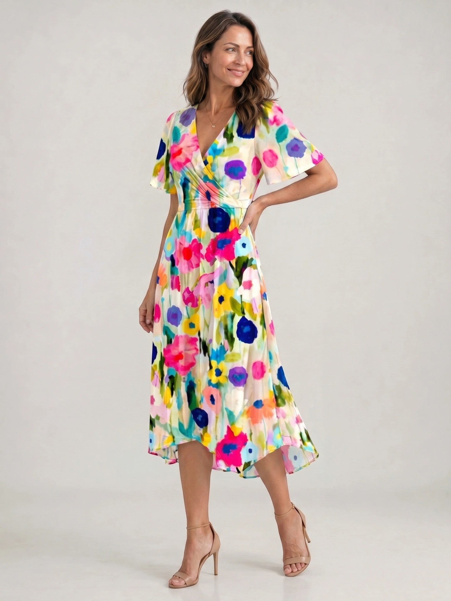 Audrina — Floral Print Midi Dress With Elegant V-Neck Wrap Summer Design Floral