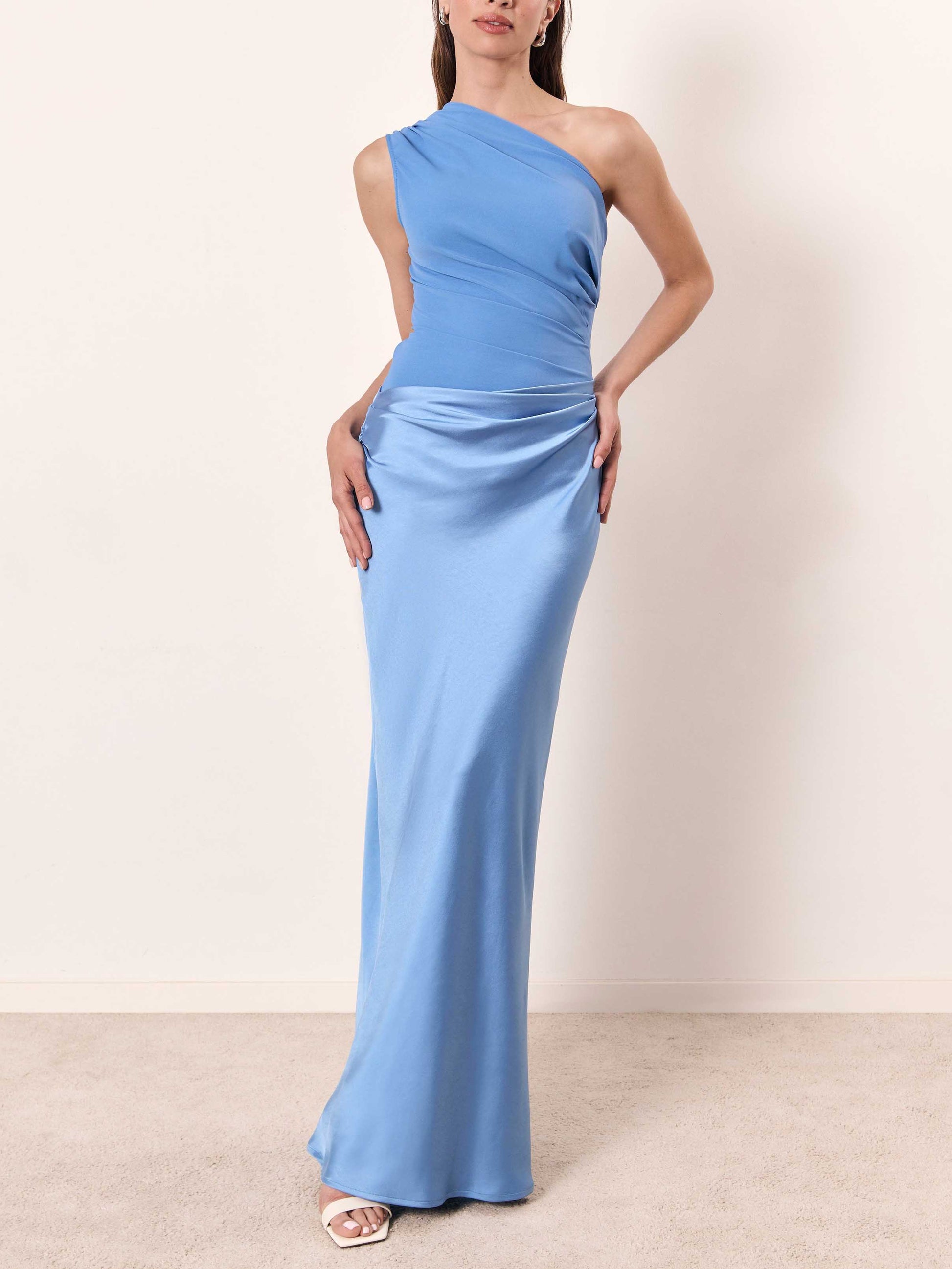 Elegant One Shoulder Neck Pleated Party Maxi Dress Blue