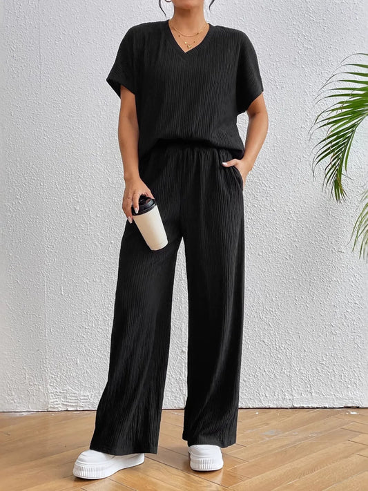 Black Classic V-Neck Two-Piece Set