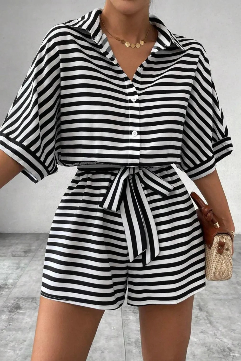 Striped Romper - Collared Tied Waist