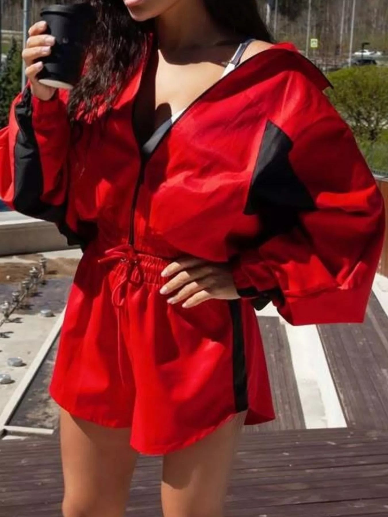 Zip Up Long Sleeve Outerwear and Shorts Set