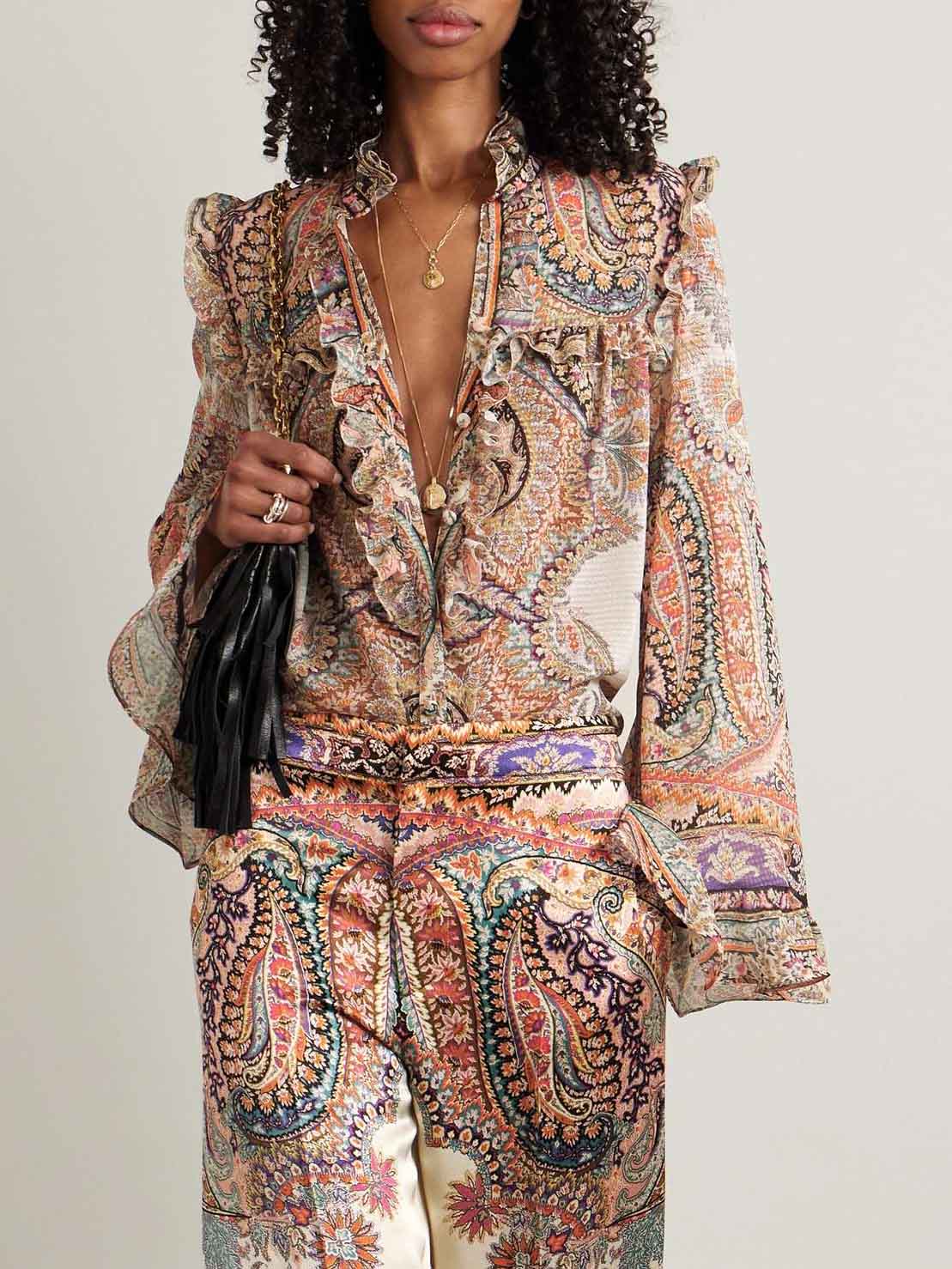 Exquisite Vintage Paisley Print Ruffled Shirt Cream