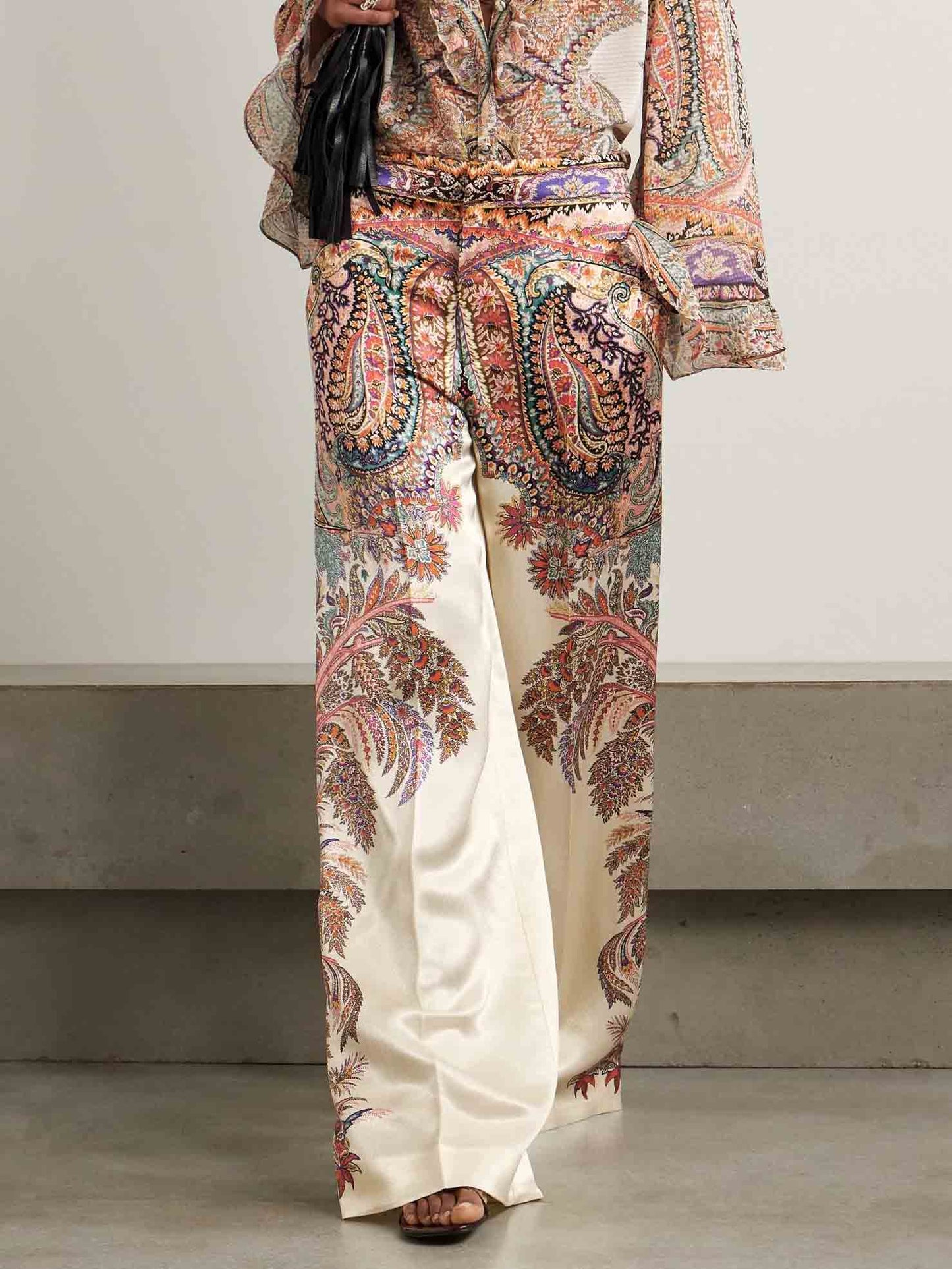 Exquisite Vintage Paisley Print Wide-leg Pants Cream