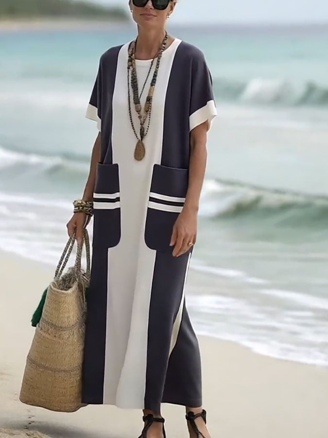 Women's Holiday Contrast Print Round Neck Loose Dress