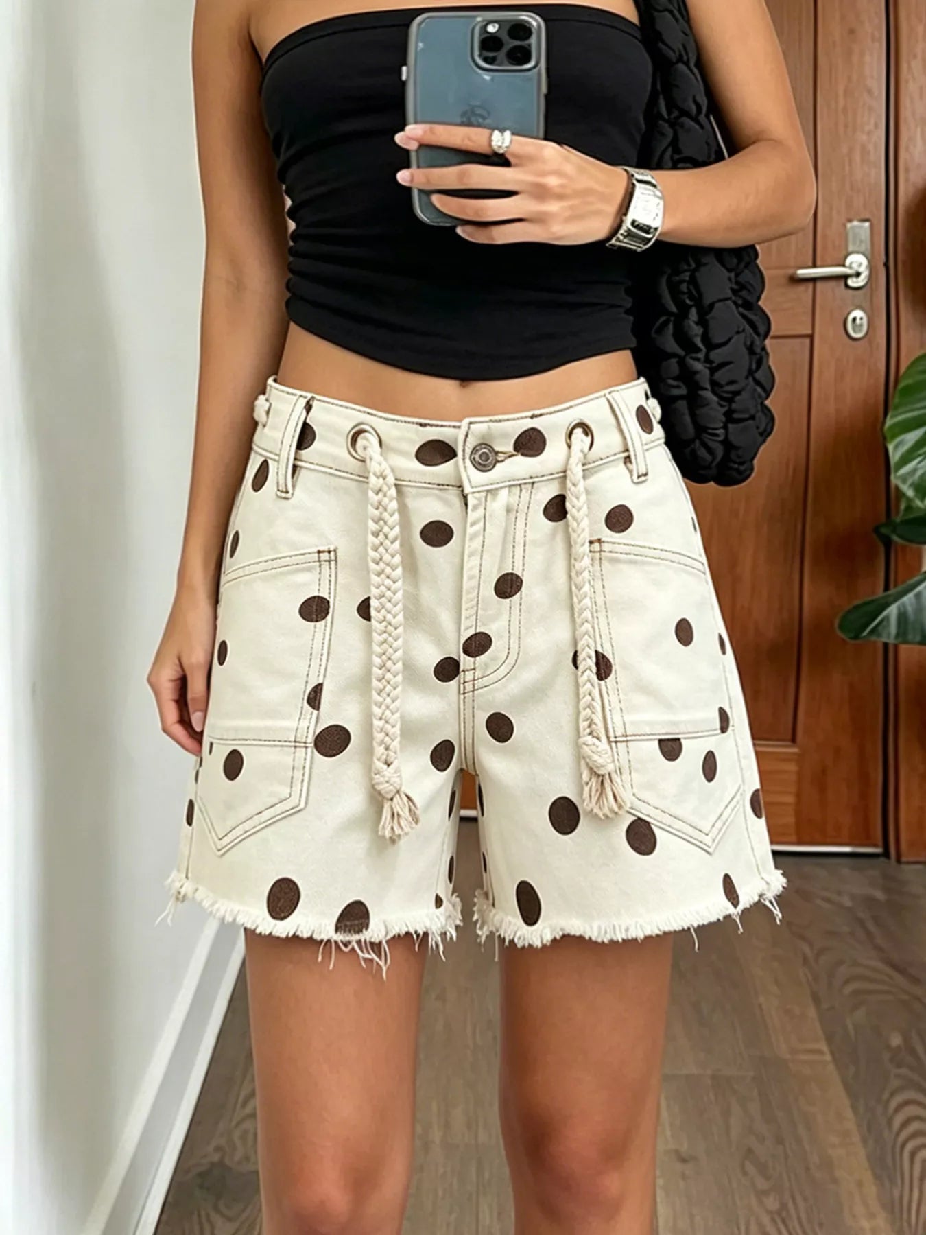 Polka Dot Denim Shorts with Braided Drawstring