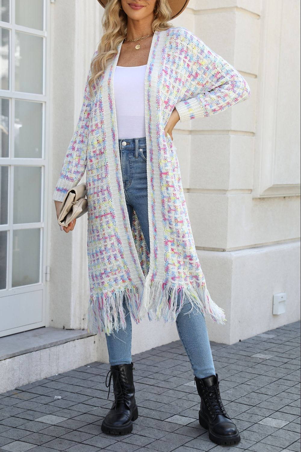 Multicolored Open Front Fringe Hem Cardigan Cream
