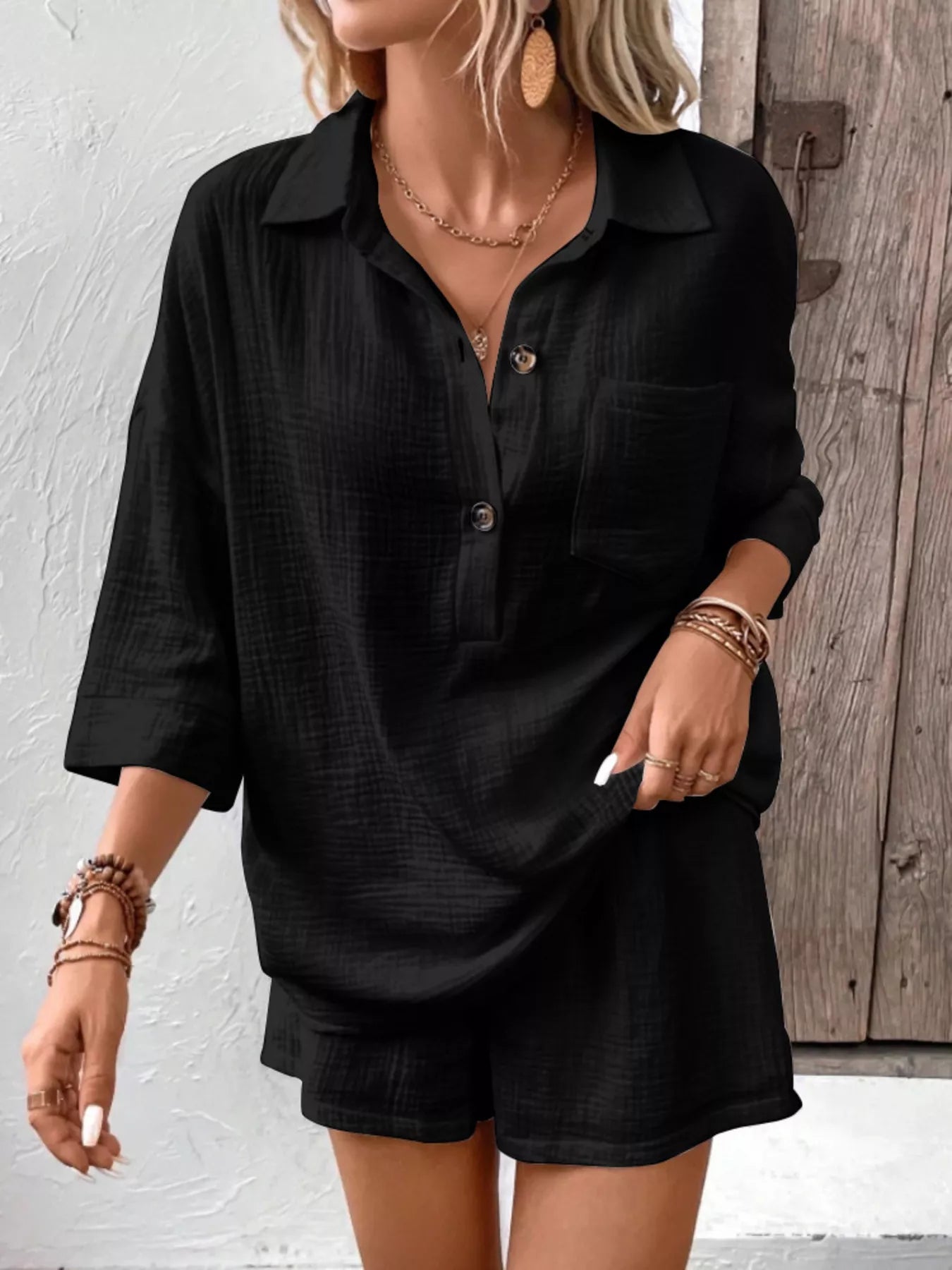 Button Detail Top and Shorts Set