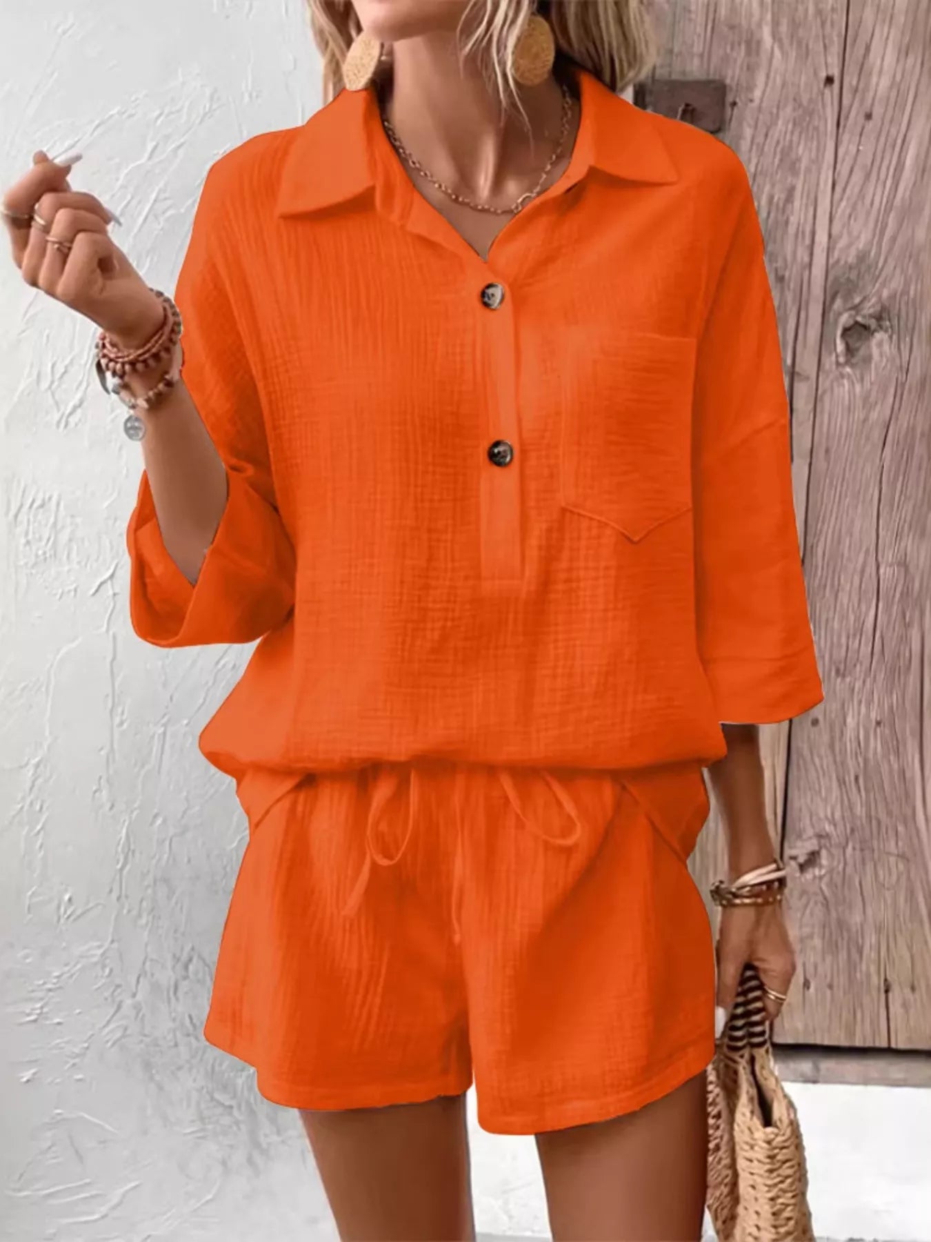 Button Detail Top and Shorts Set