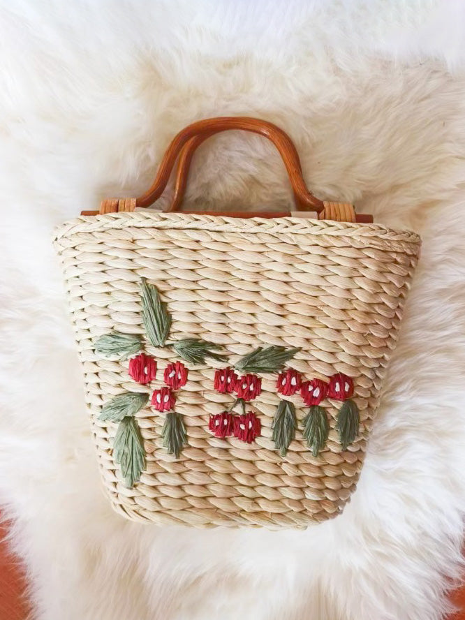 Vintage Rattan Handle Embroidered Bucket-shaped Straw Bag White