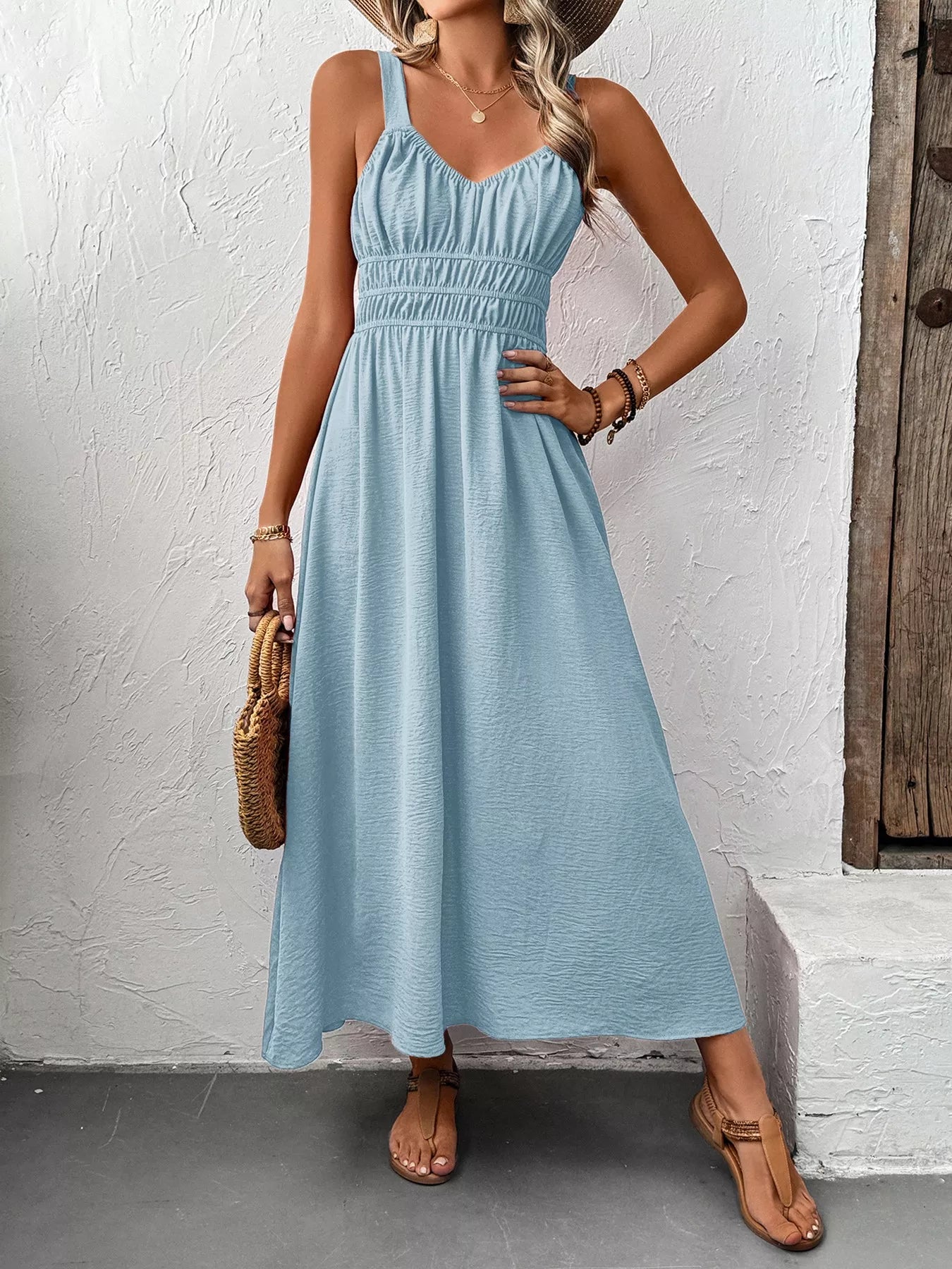 Midi Dress for Women Sleeveless Smocked Casual