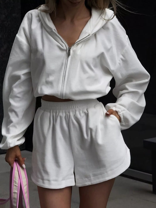 Long Sleeve Zip-Up Hoodie and Shorts Set