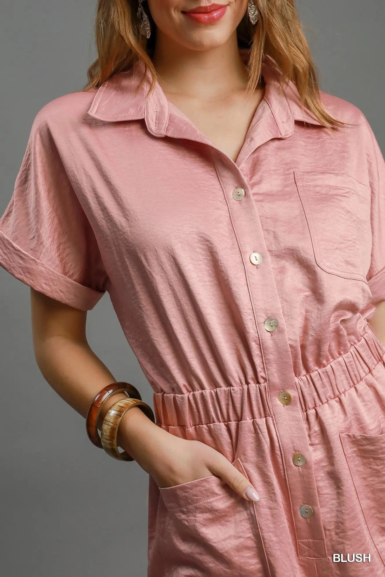 Women’s Blush Pink Button Down Charmeuse Romper – Satin Short Sleeve One-Piece Jumpsuit