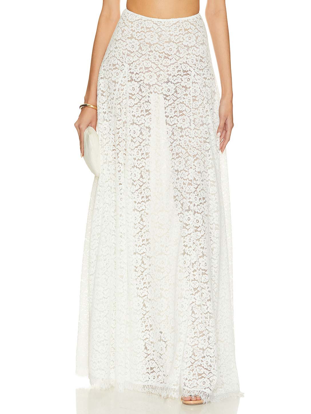 Elegant Hollow Lace Wide Swing Skirt White