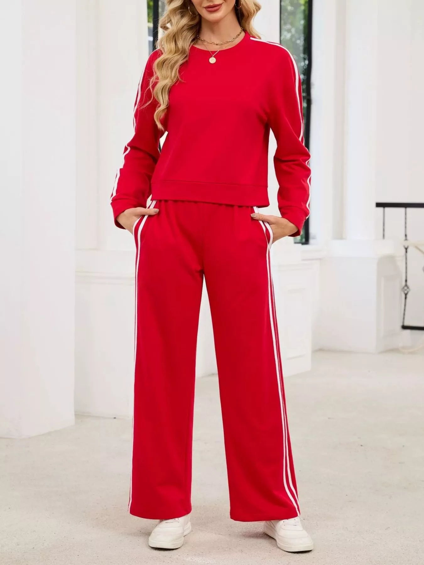 Striped Round Neck Sweatshirt and Pants Set