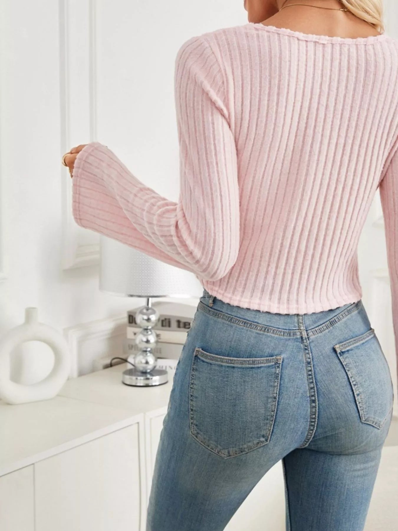 Ribbed Knit Drawstring Long Sleeve T-Shirt