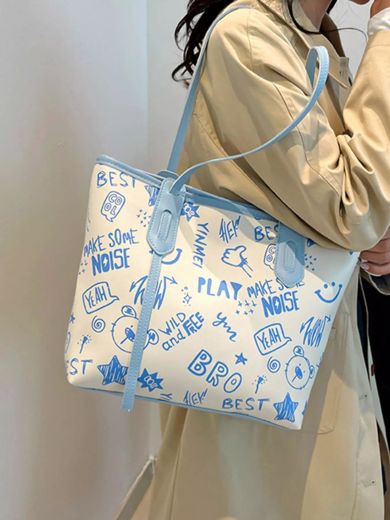 Trendy Graffiti Print Casual Tote Bag – Large Canvas Shoulder Bag for Women