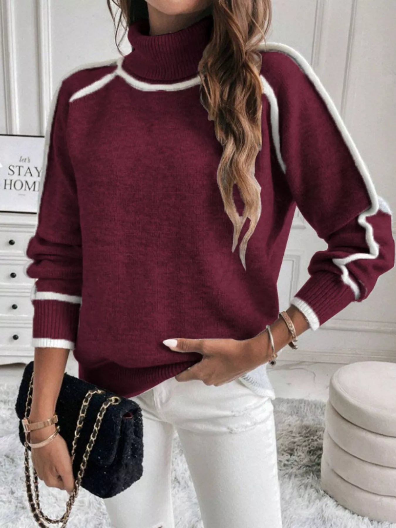 Full Size Turtleneck Contrast Trim Sweater Plus Size