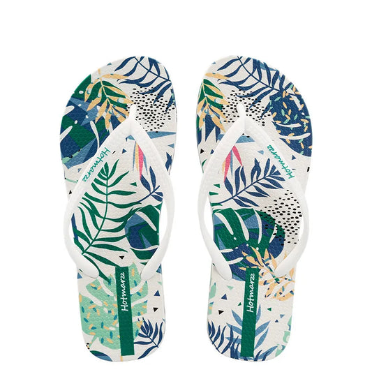Tropical Leaf Print Summer Slippers White