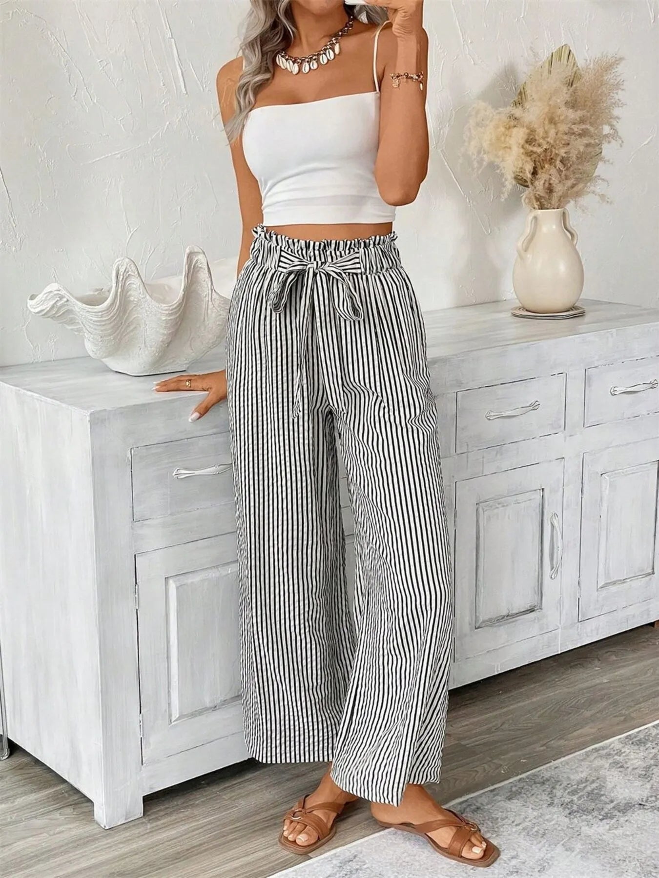Signature Striped Paper Bag Pants (Full Size)