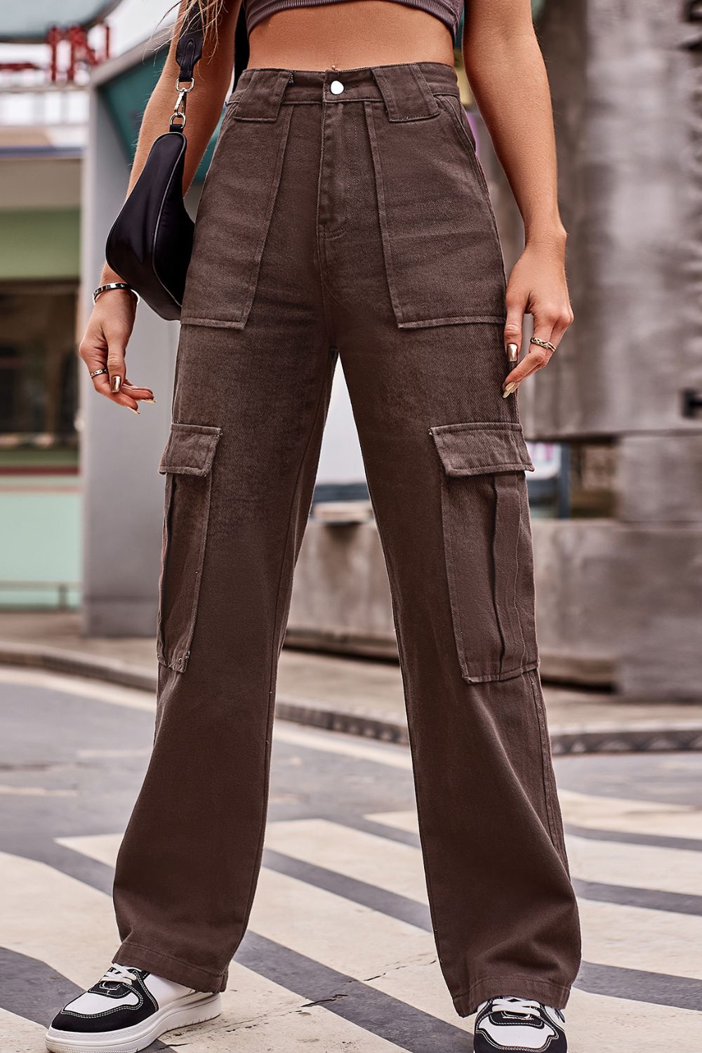 Buttoned High Waist Loose Fit Jeans Chestnut