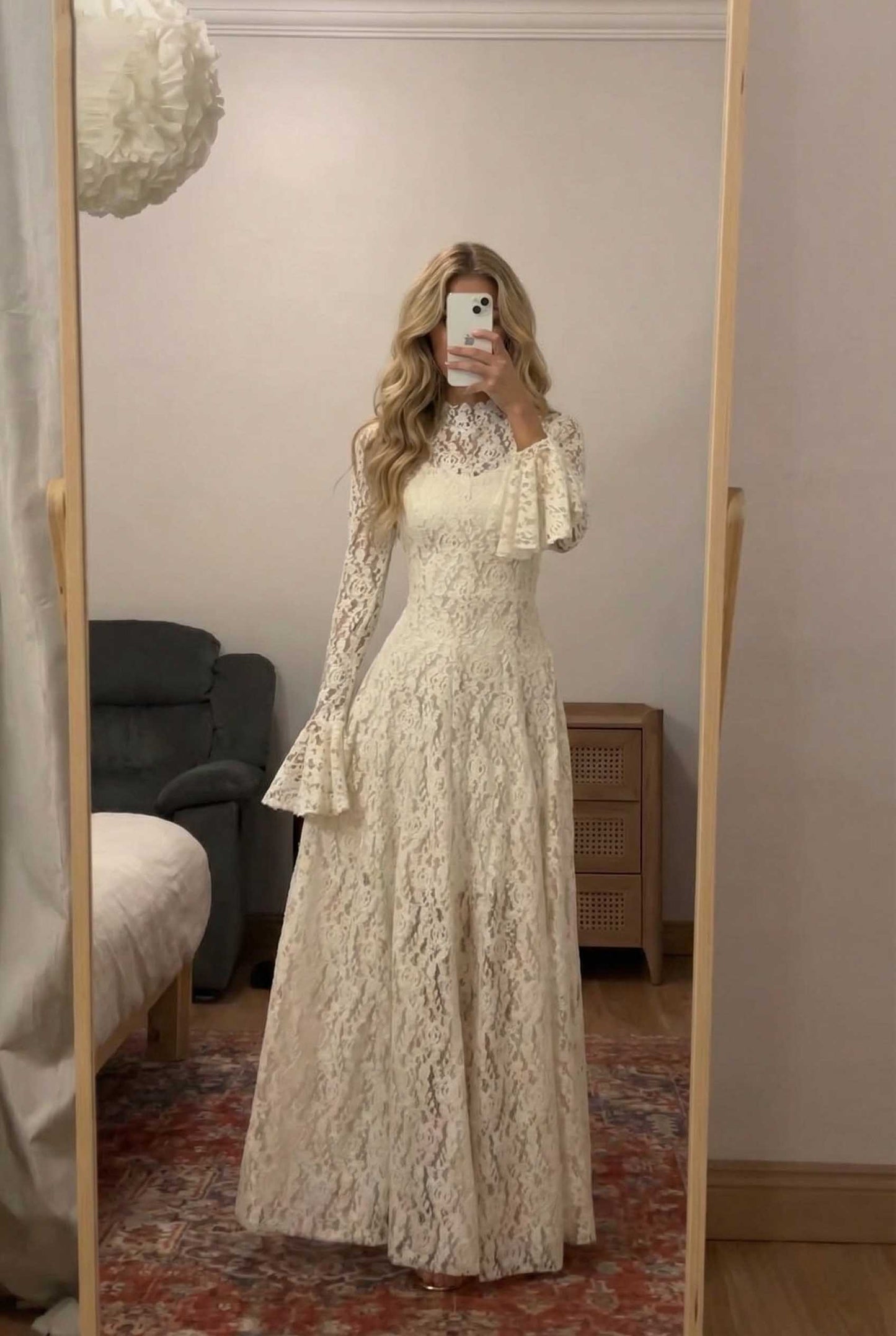 Lace Trumpet Sleeve Maxi Dress Apricot