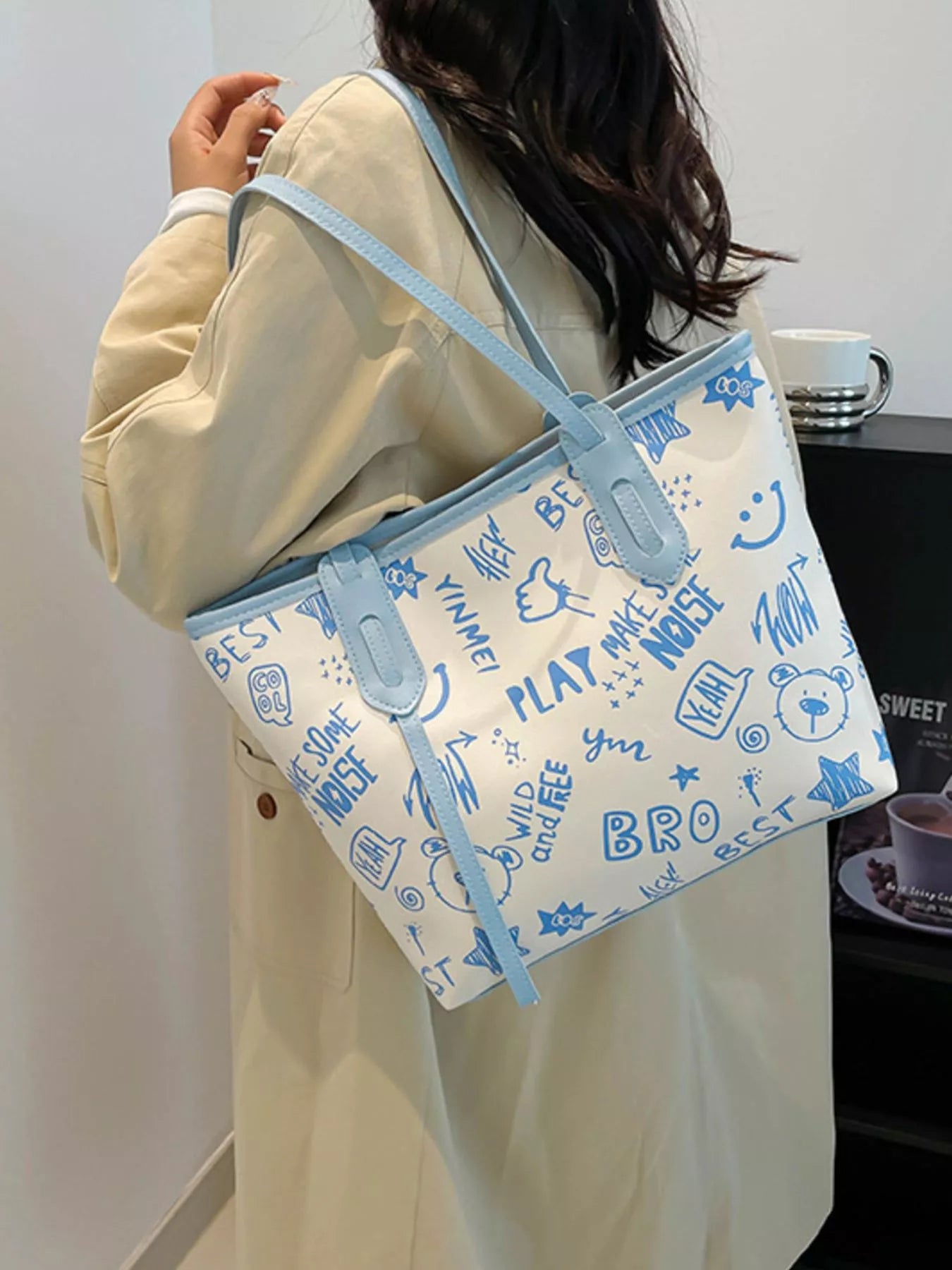 Trendy Graffiti Print Casual Tote Bag – Large Canvas Shoulder Bag for Women