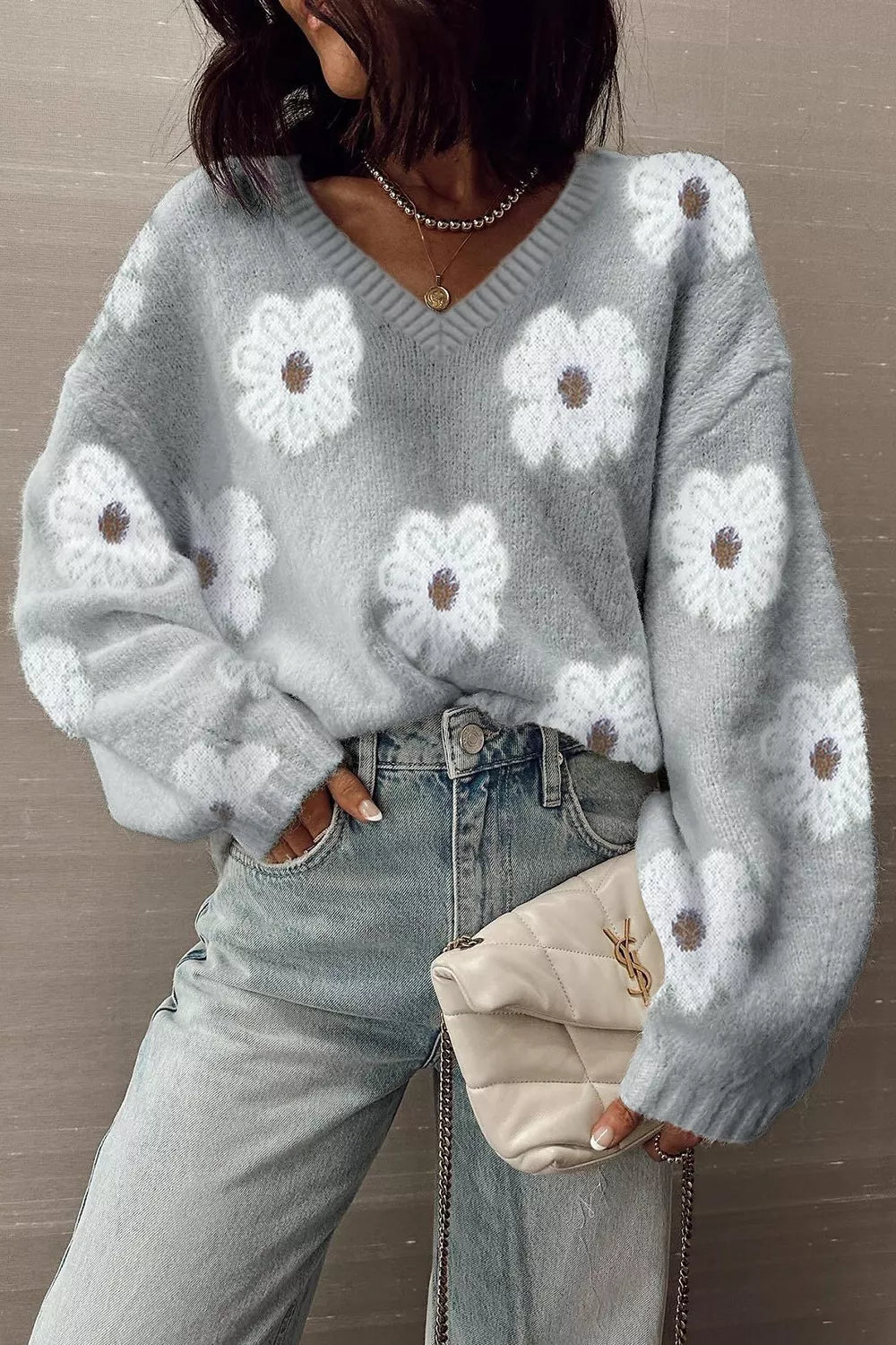 Floral Fuzzy Knit V-Neck Sweater