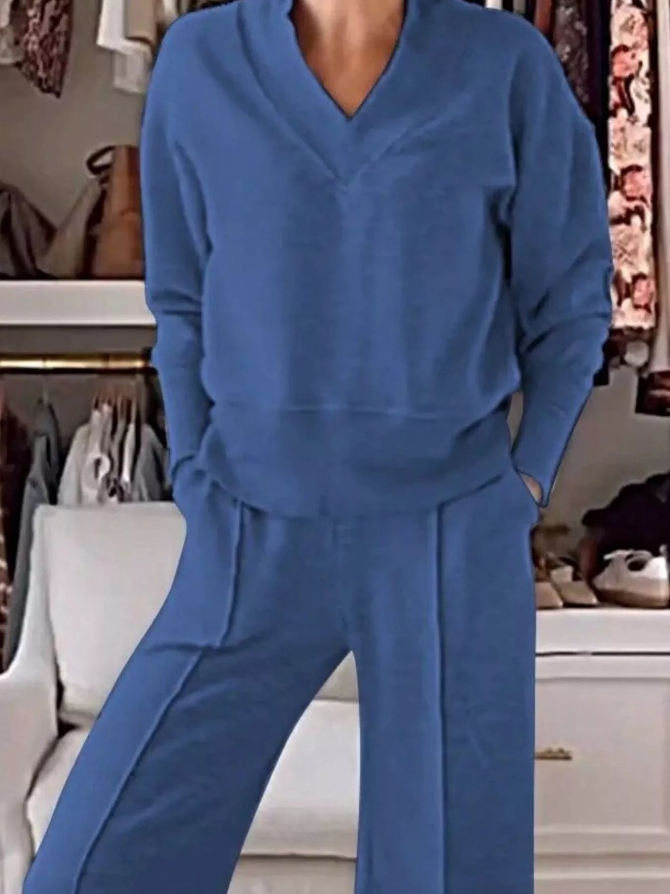 Full Size Cozy V-Neck Top and Pants Set Plus Size