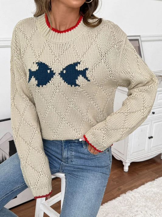 Fish Pattern Round Neck Sweater