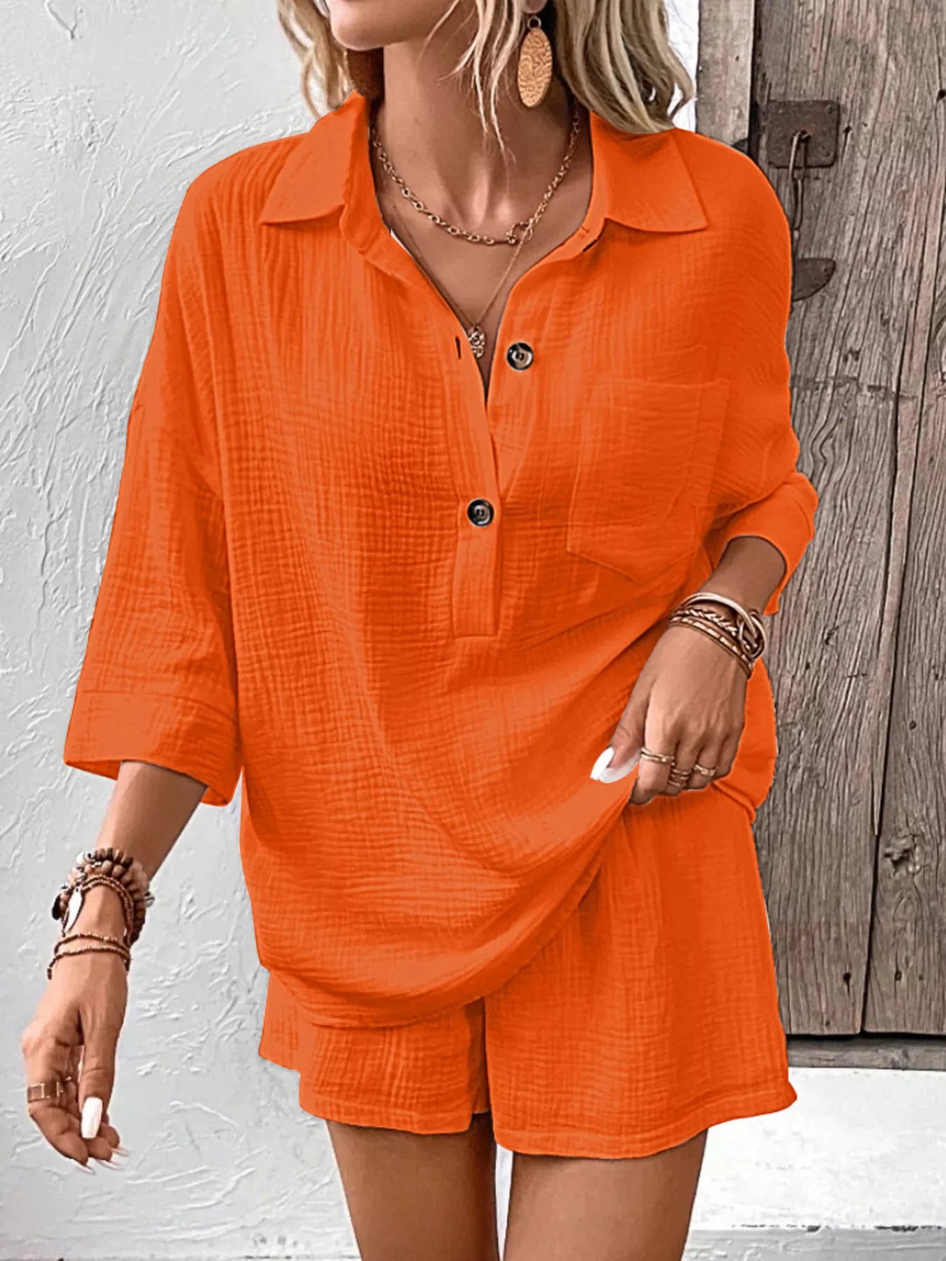 Button Detail Top and Shorts Set