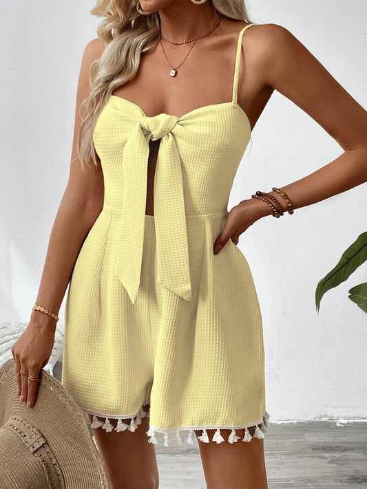 Tie-Front Textured Romper with Tassel Hem