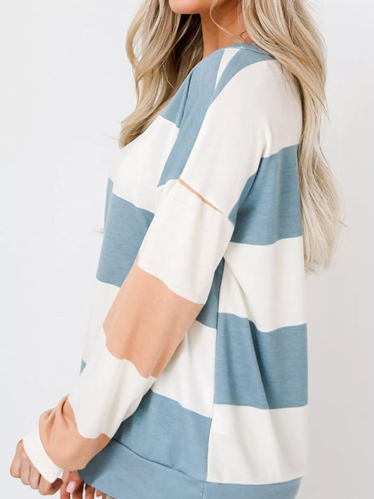 Women’s Color Block Drop Shoulder Long Sleeve Top – Casual Loose Fit Pullover Shirt