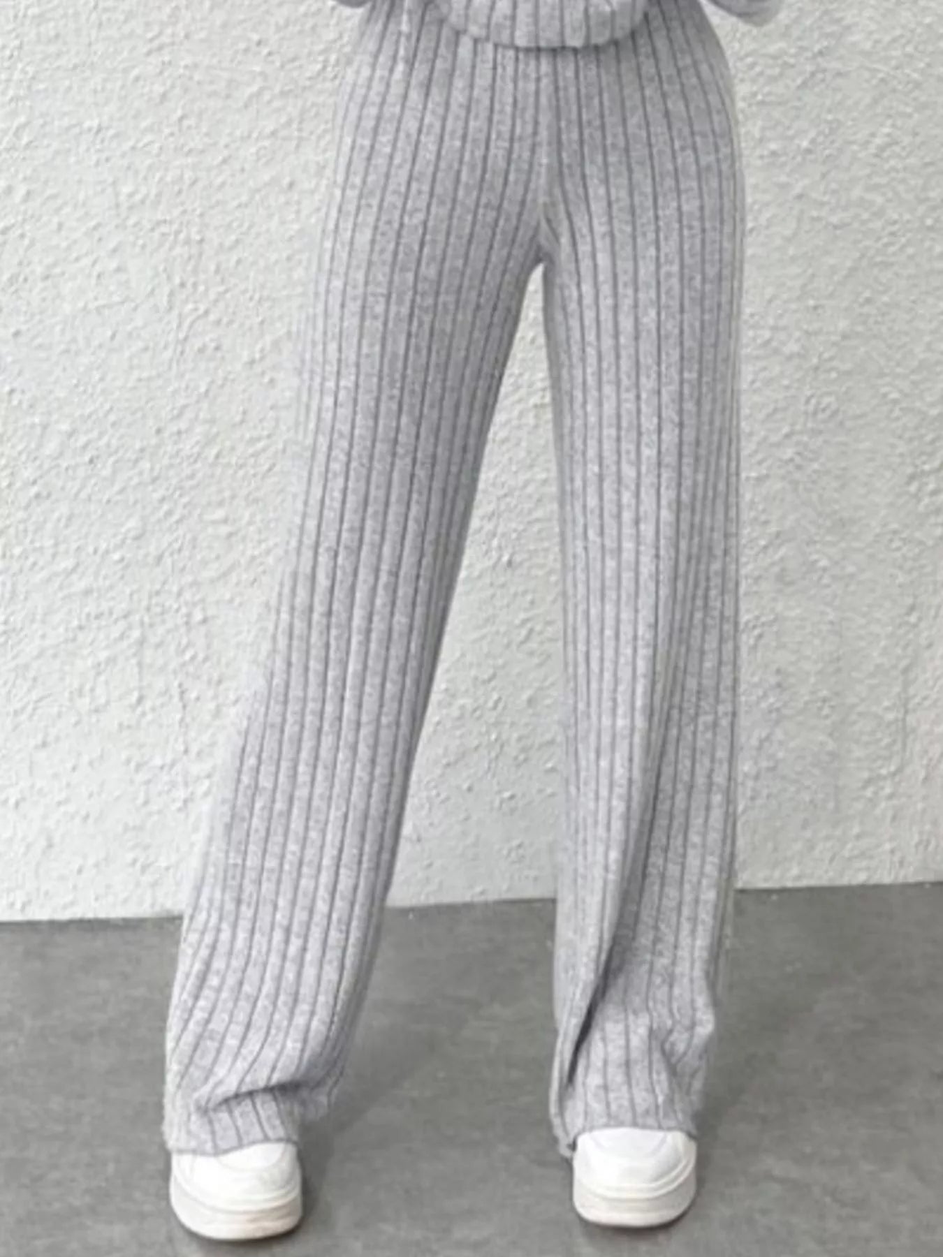 Ribbed Knit Hoodie & Wide Leg Pants Set