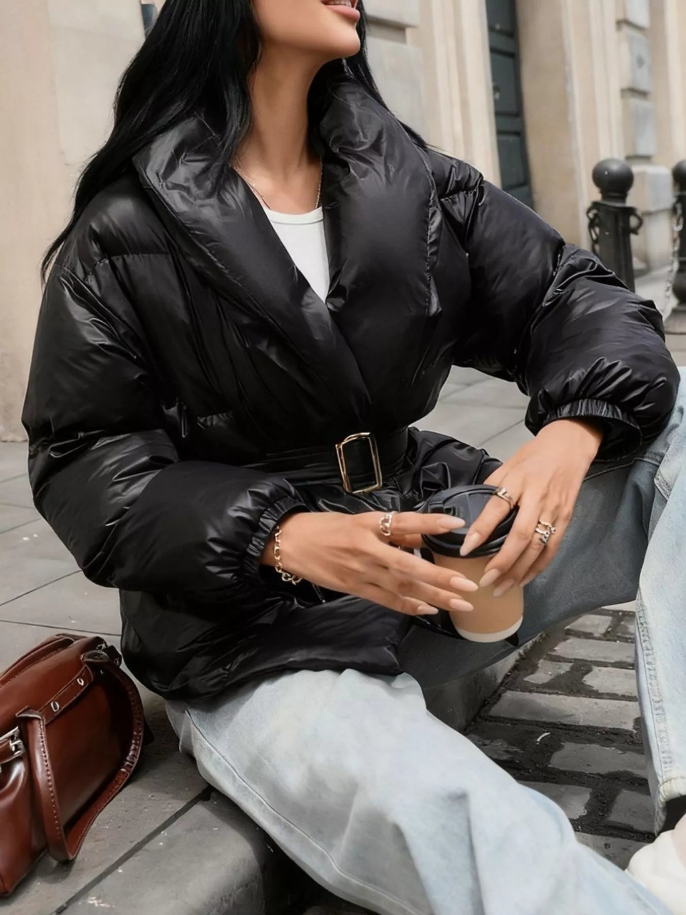 Silky Black Long Sleeve Belted Puffer Jacket