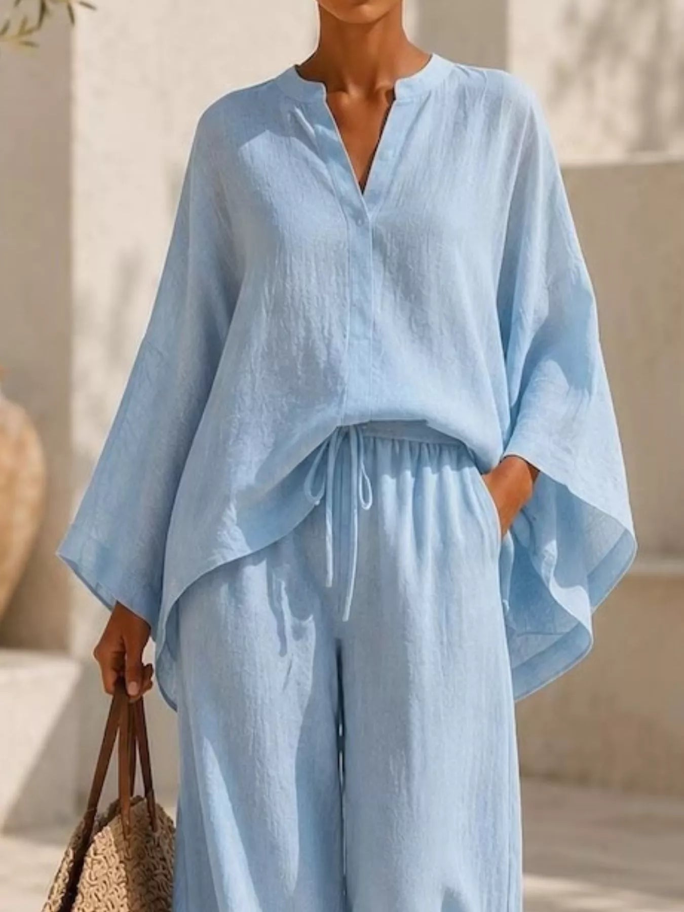 Full Size Notched Long Sleeve Top and Wide-Leg Pants Set Plus Size