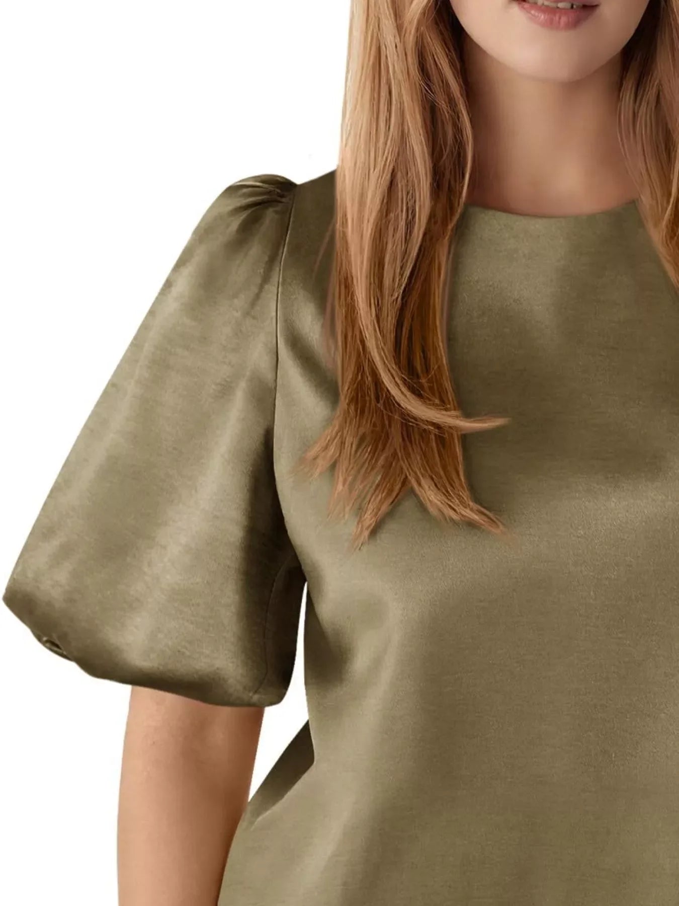 Round Neck Puff Sleeve Satin Top