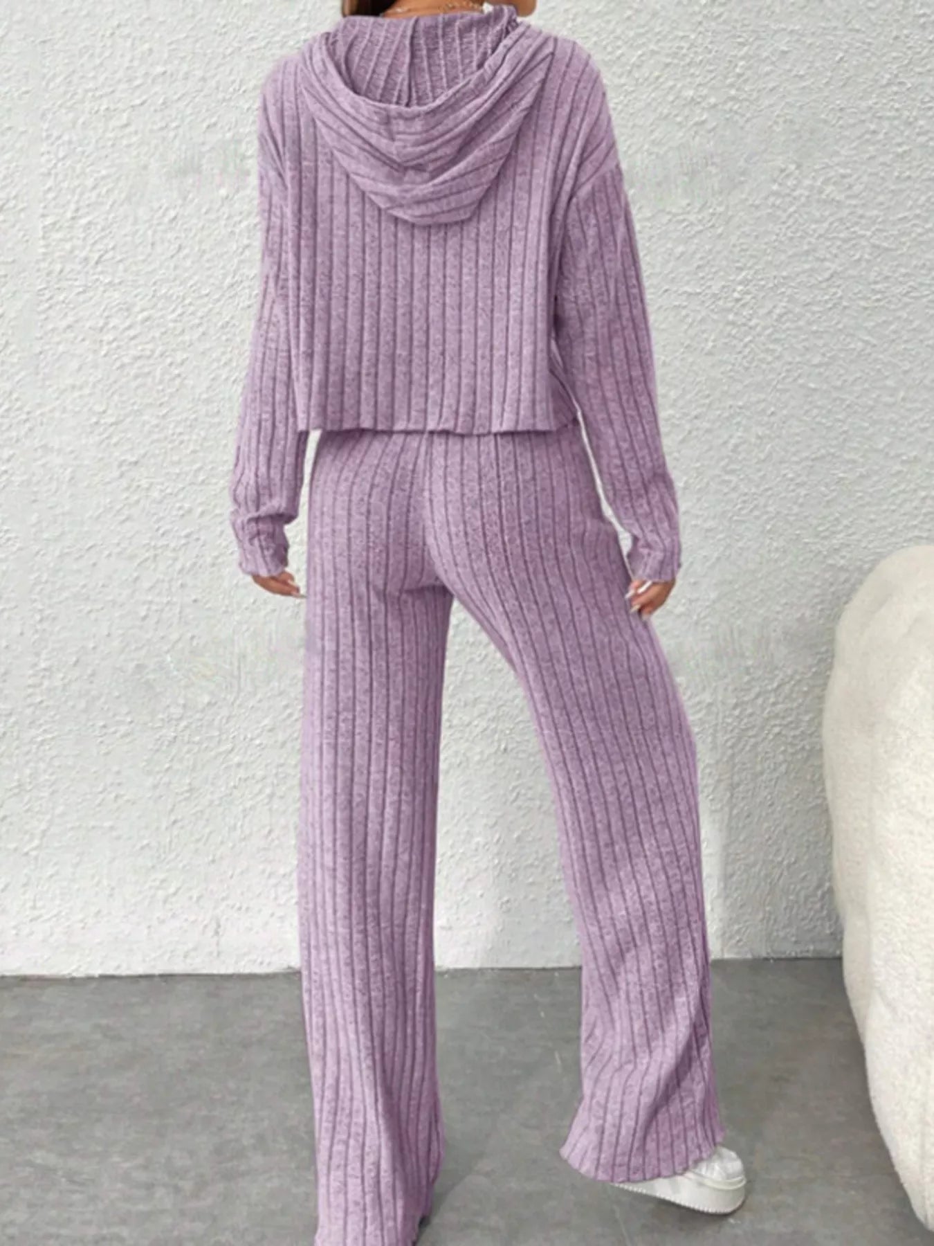 Ribbed Knit Hoodie & Wide Leg Pants Set
