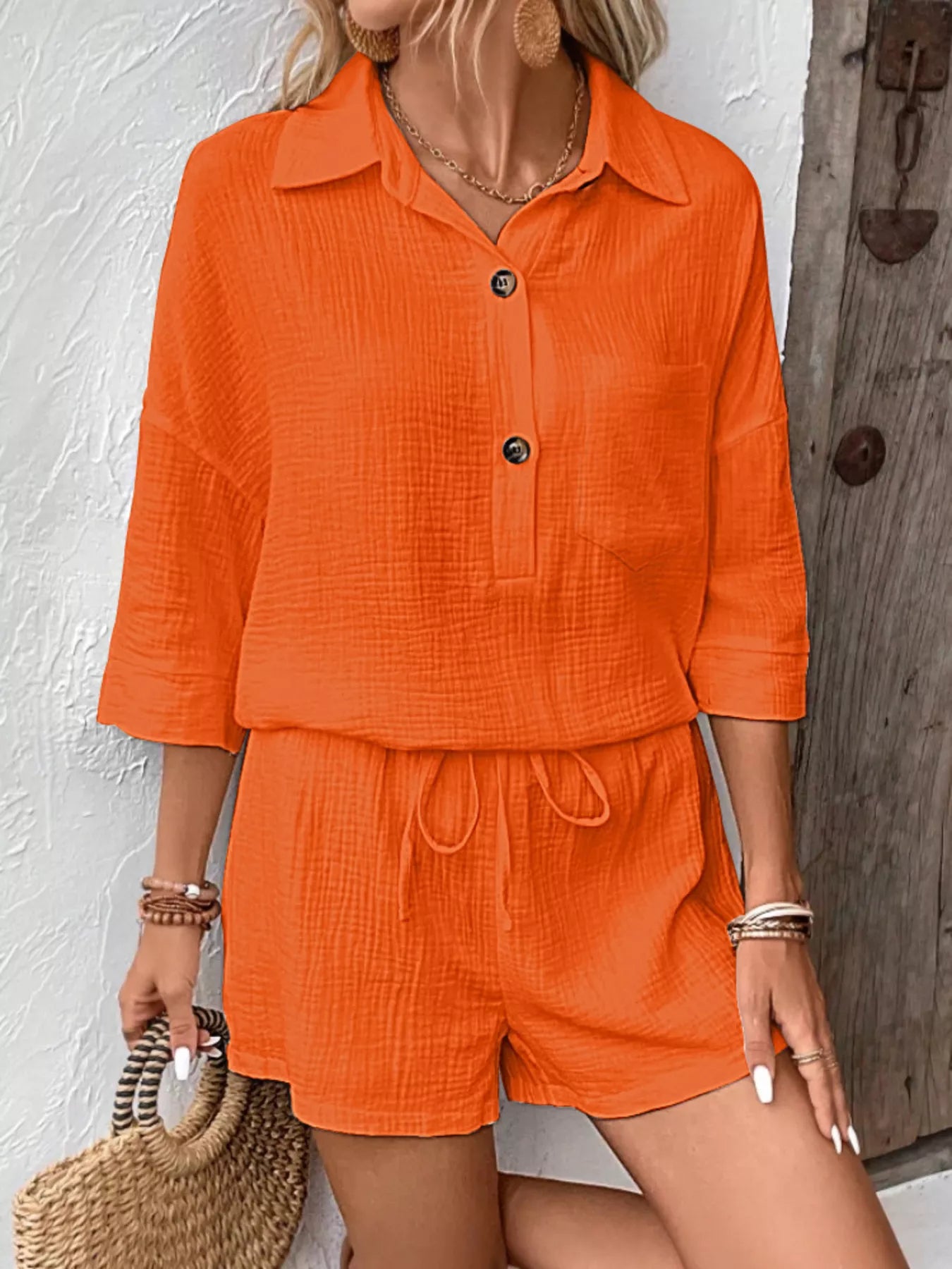 Button Detail Top and Shorts Set