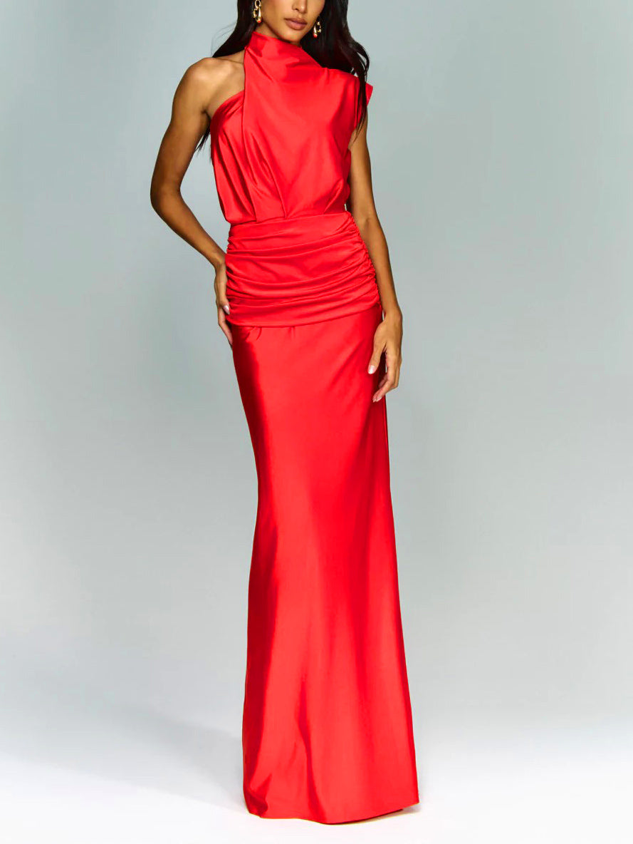 Elegant Asymmetric Neckline Pleated Party Maxi Dress Red