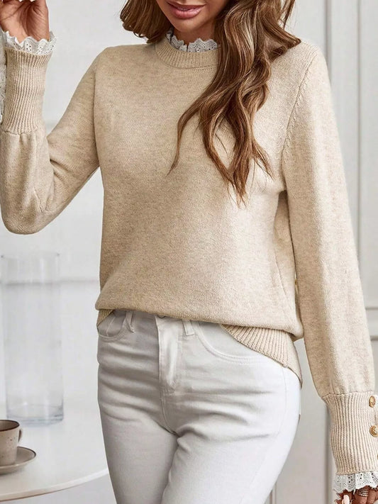 Lace Trim Button Cuff Long Sleeve Sweater
