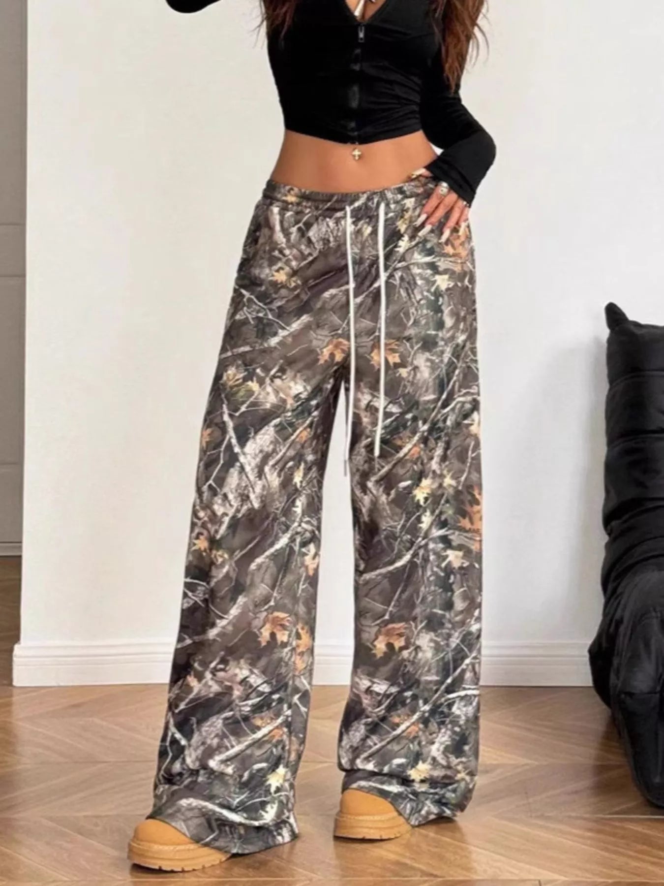 Drawstring Printed Wide Leg Pants