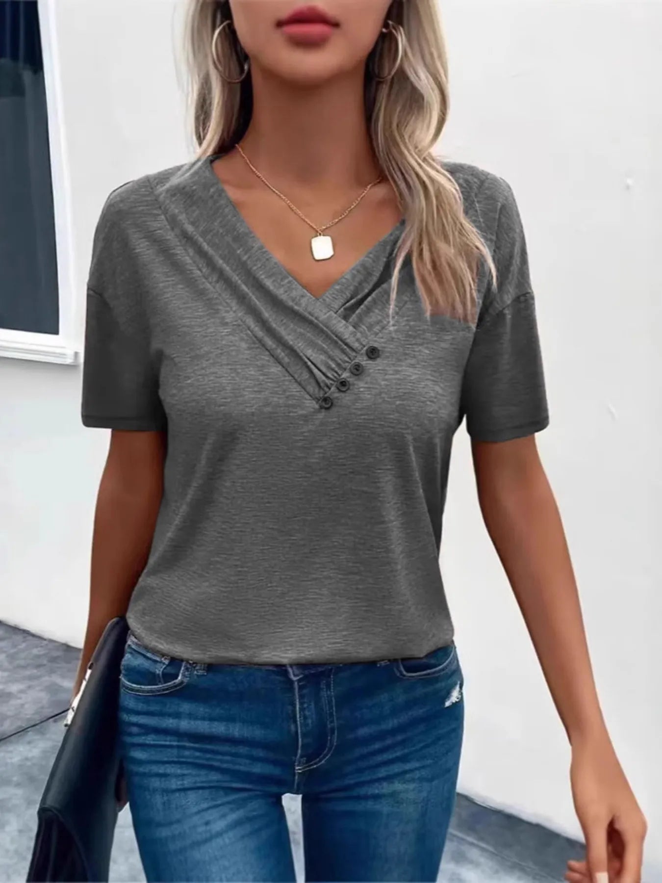 Short Sleeve V-Neck Ruched T-Shirt