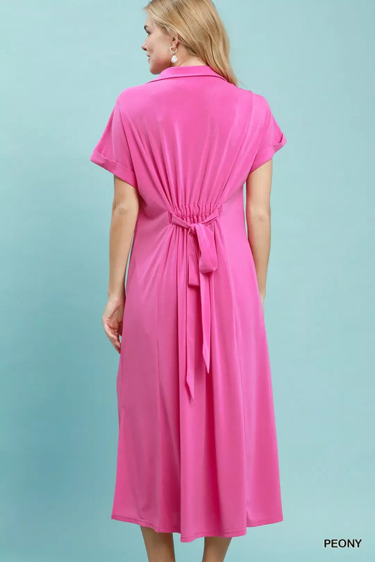 Casual Midi Dress Belted - Pink