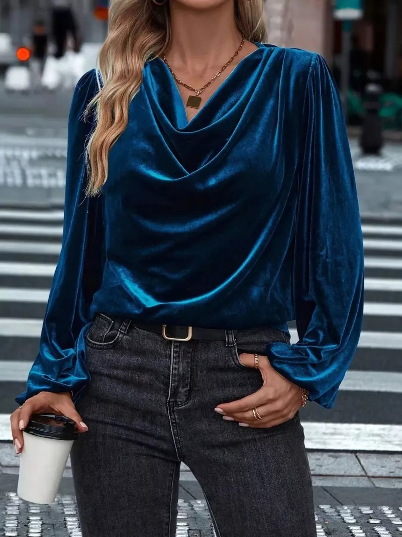 Full Size Velvet Cowl Neck Blouse Plus Size