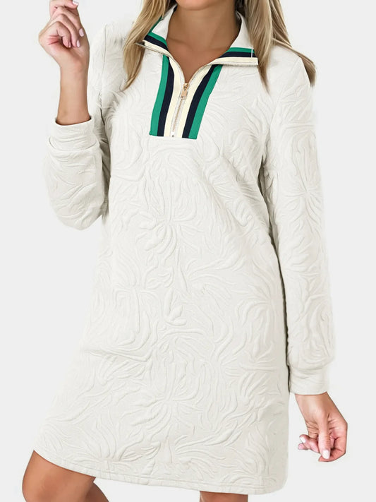 Textured Quarter Zipper Shift Mini Dress