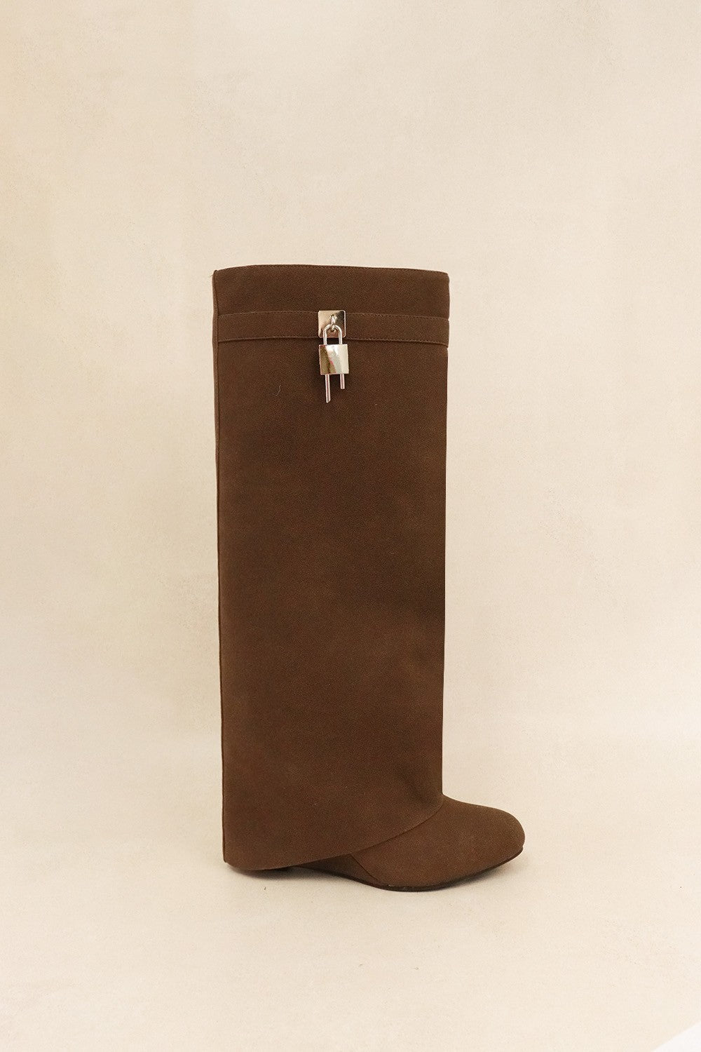 Brown Suede Knee-High Boots with Silver Lock Detail – Luxe Minimalist Edge Brown