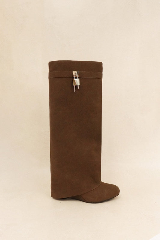 Brown Suede Knee-High Boots with Silver Lock Detail – Luxe Minimalist Edge Brown