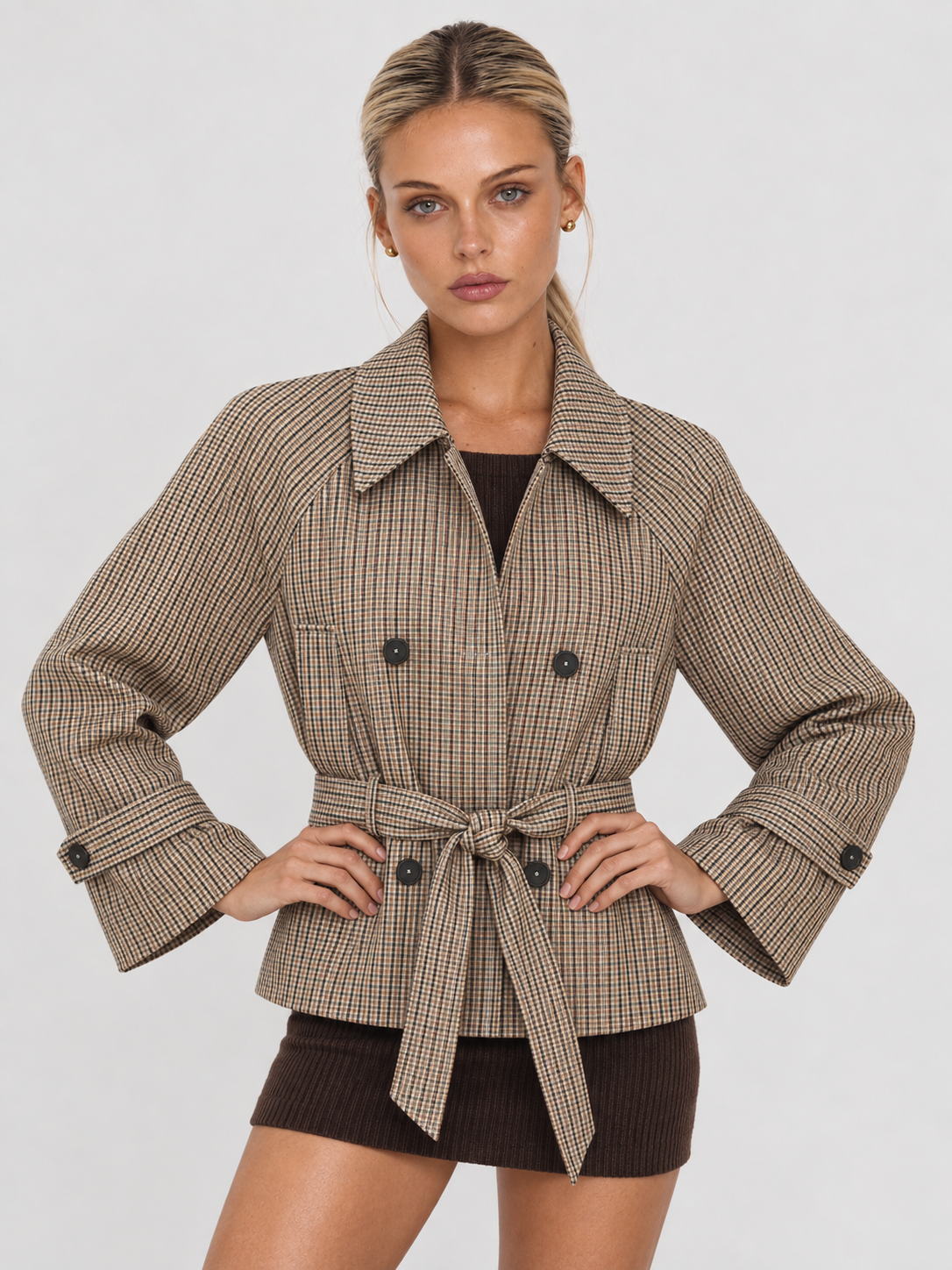 Women's Checked Belted Short Trench Jacket BRUYÈRE