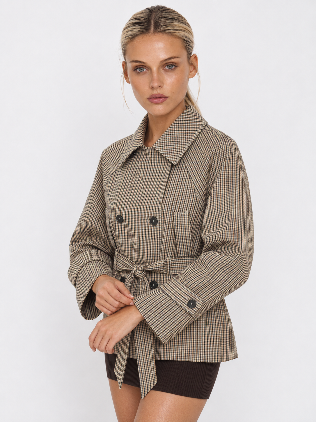 Women's Checked Belted Short Trench Jacket BRUYÈRE